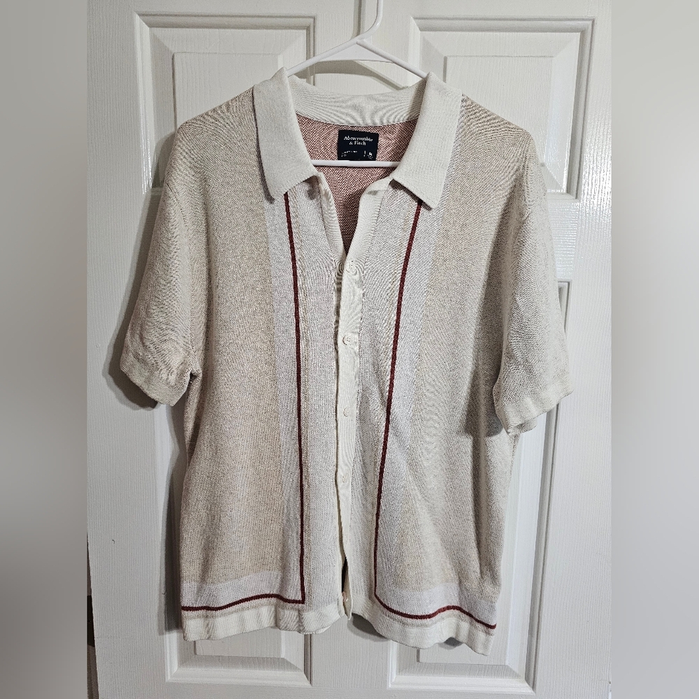 Abercrombie & Fitch Men Medium Beige Knit Button Polo Shirt Preppy Retro Minimal - Picture 2 of 6